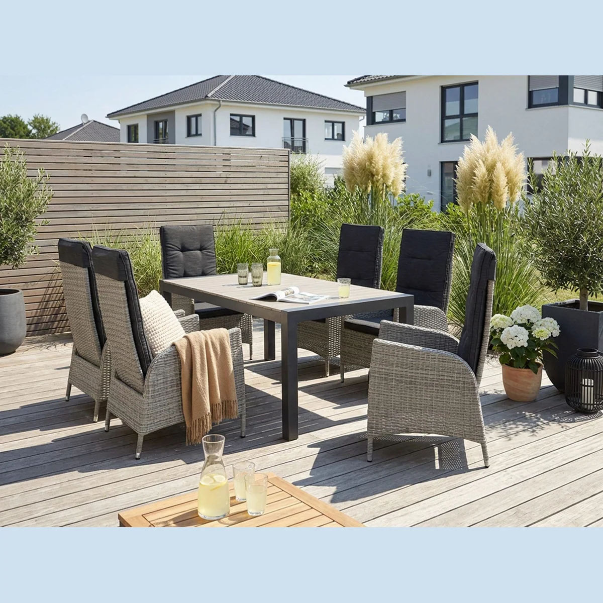 KONIFERA Garten-Essgruppe Alva, ausziehbarer Tisch, 6 Stühle mit Auflagen