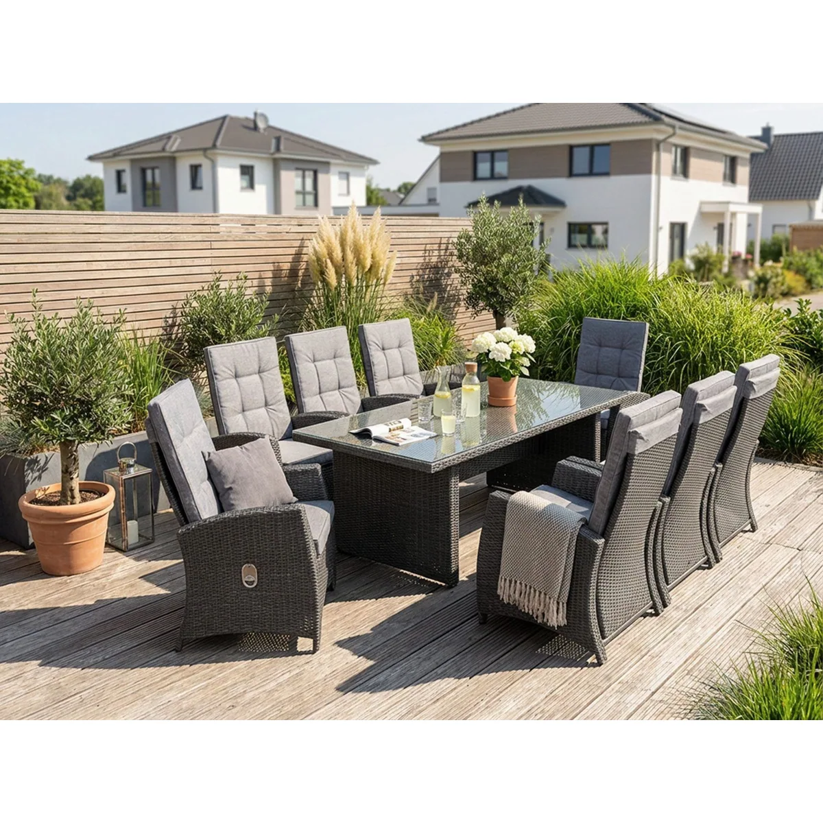 KONIFERA Garten-Essgruppe New Paris, 25-tlg., 8 verstellbare Sessel — Aluminium/Polyrattan