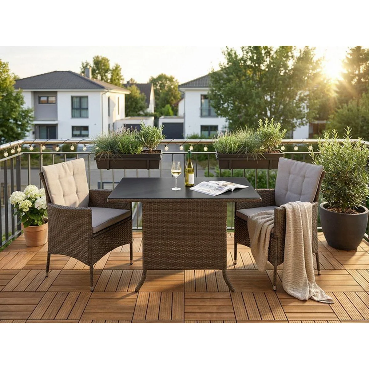 KONIFERA Mailand Garten-Essgruppe, 7-tlg., inkl. Auflagen — stilvolles Polyrattan-Set für Balkon & Terrasse