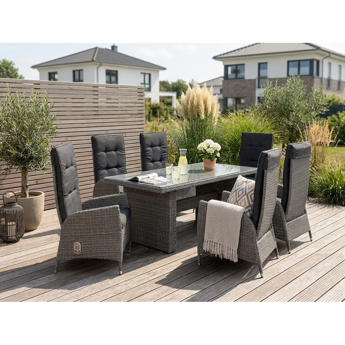 KONIFERA Garten-Essgruppe Brisbane, 13-tlg., 6 verstellbare Sessel, Tisch mit Stone-Spray-Glasplatte