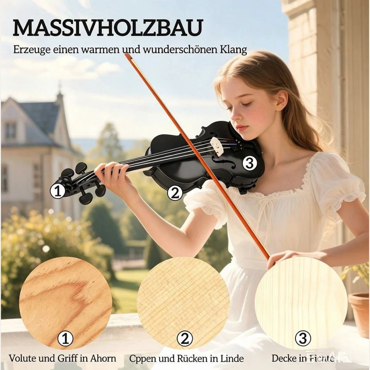 kowdom Violine 4/4 Set, Massivholz, sofort spielbereit, mit Zubehör 3