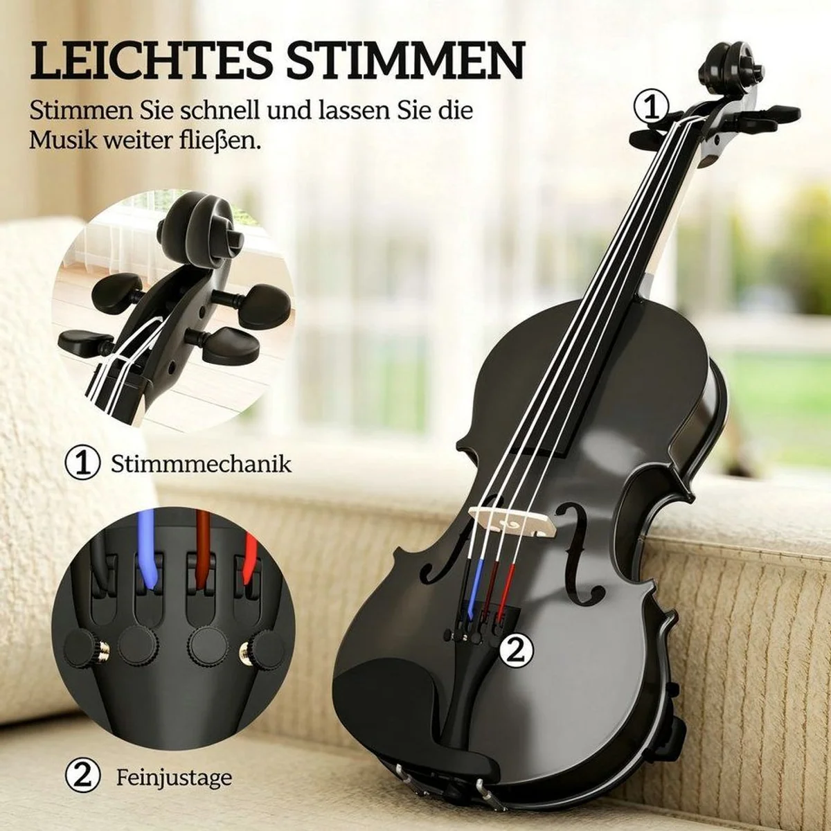 kowdom Violine 4/4 Set, Massivholz, sofort spielbereit, mit Zubehör 4
