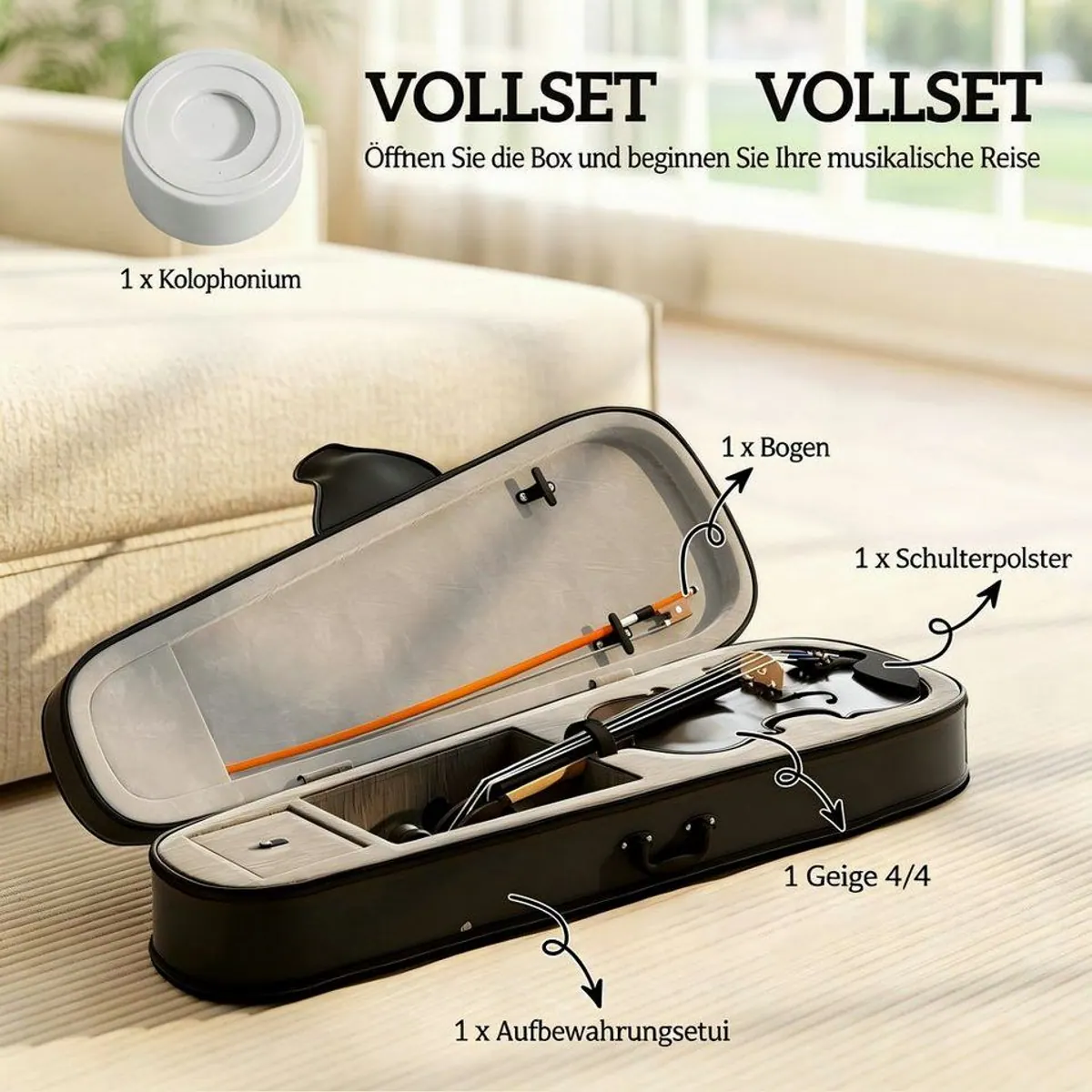kowdom Violine 4/4 Set, Massivholz, sofort spielbereit, mit Zubehör 5
