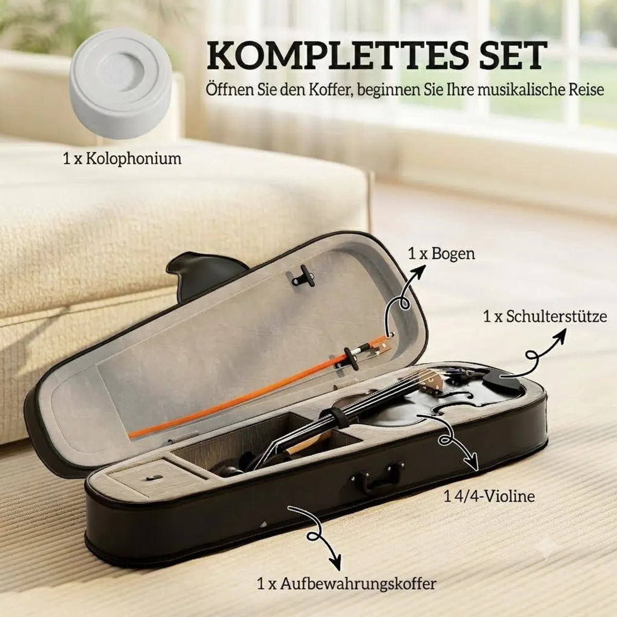 kowdom Violine 4/4, Massivholz, Komplettset mit Koffer & Zubehör 4