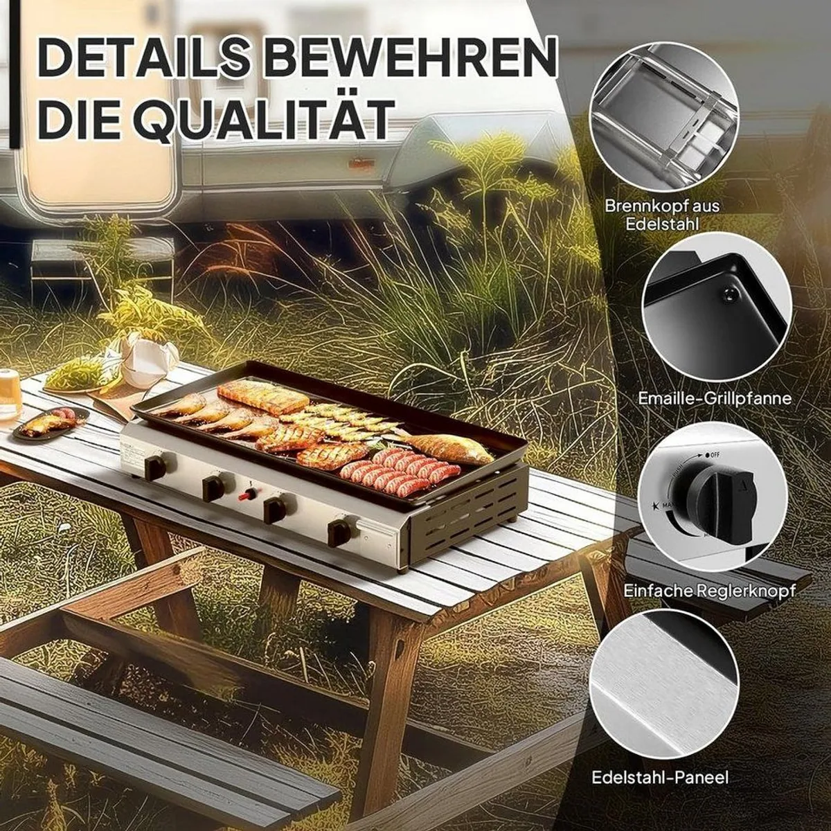 LALAHO Gasgrill Tischgasgrill, 4 Brenner, 11,72 kW Leistung, tragbar und kompakt 4