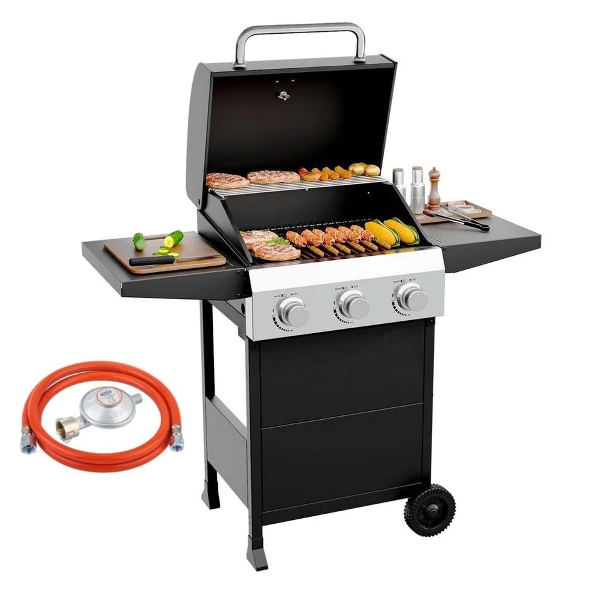 LALAHO Gasgrill Grillwagen, 3 Brenner, 10.55 kW, emaillierter Gusseisenrost
