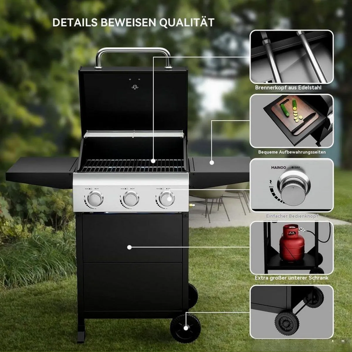 LALAHO Gasgrill Grillwagen, 3 Brenner, 10.55 kW, emaillierter Gusseisenrost 2