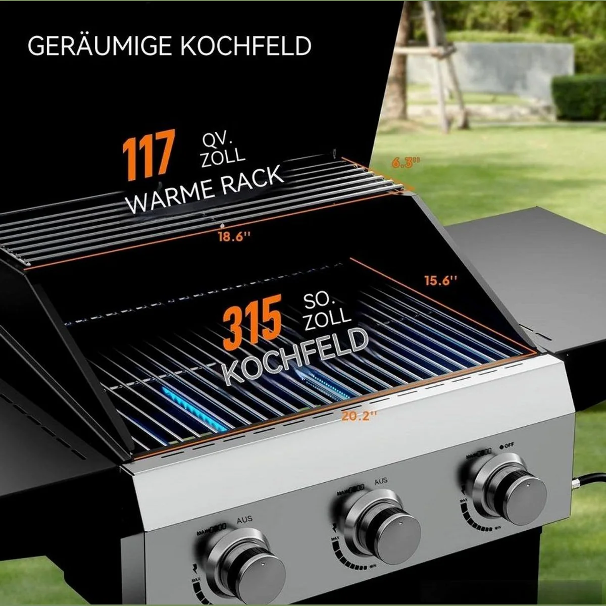 LALAHO Gasgrill Grillwagen, 3 Brenner, 10.55 kW, emaillierter Gusseisenrost 3