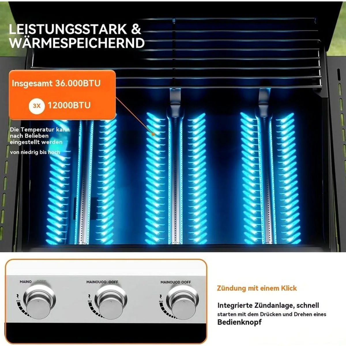 LALAHO Gasgrill Grillwagen, 3 Brenner, 10.55 kW, emaillierter Gusseisenrost 4