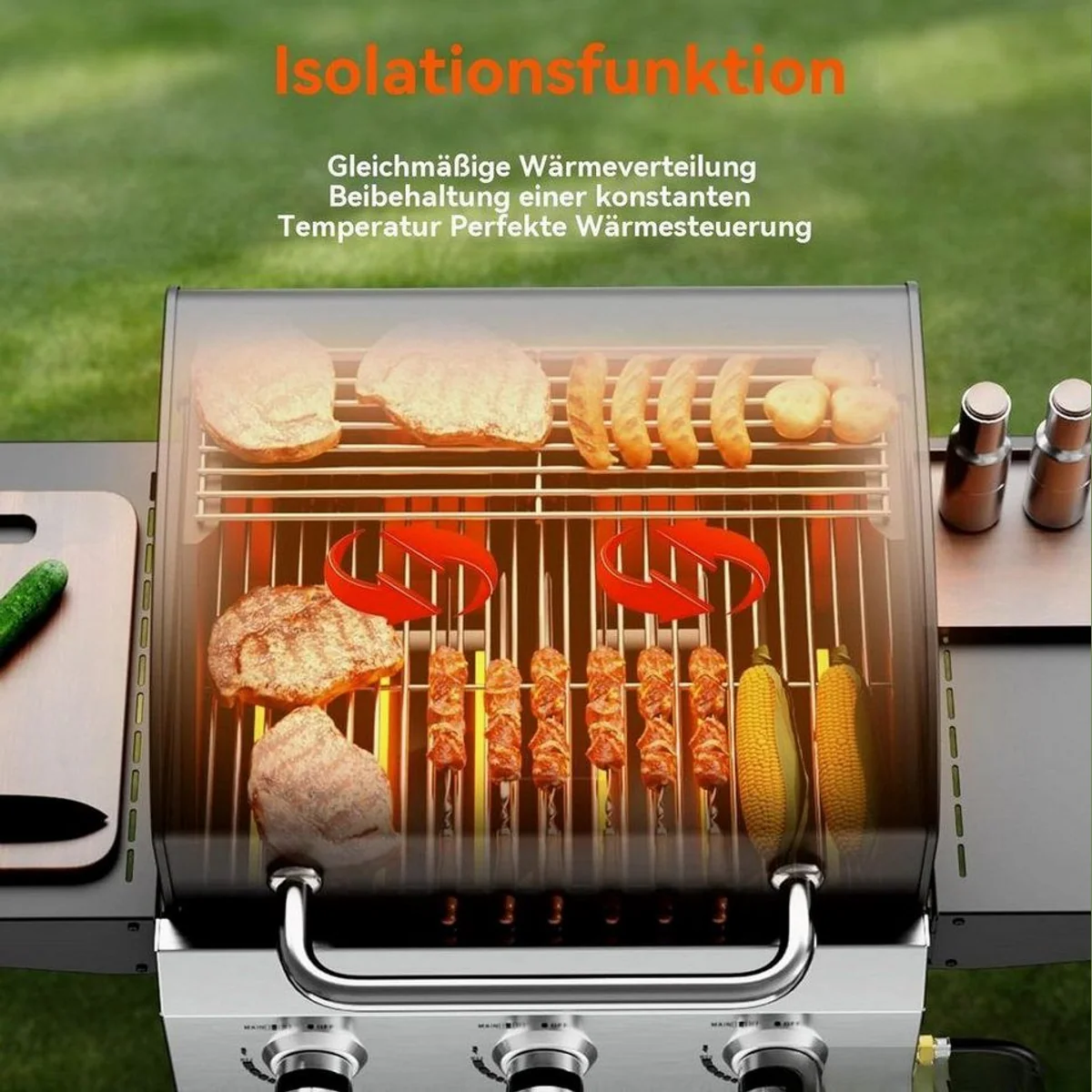 LALAHO Gasgrill Grillwagen, 3 Brenner, 10.55 kW, emaillierter Gusseisenrost 5