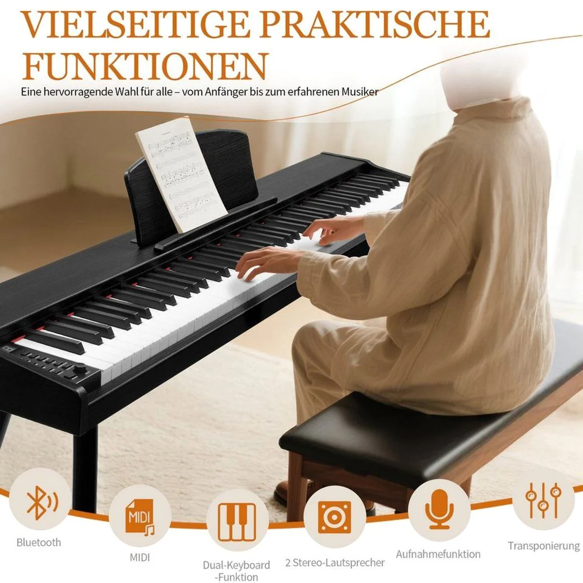 LALAHO Digitalpiano E-Piano 88 Tasten, Halbgewichtete Tasten, Bluetooth & MIDI 5