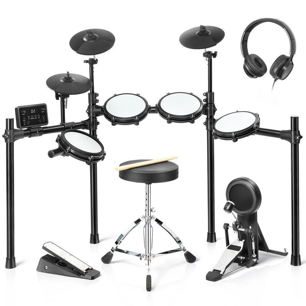 LALAHO E-Drum Komplettset, 225 Sounds, MIDI-Anschluss, 10 Demosongs