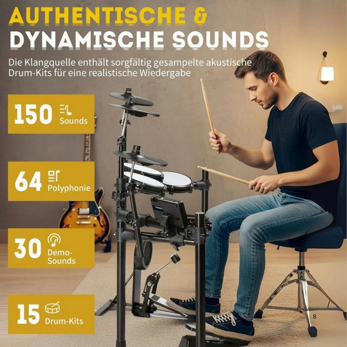LALAHO E-Drum Komplettset, 225 Sounds, MIDI-Anschluss, 10 Demosongs 5