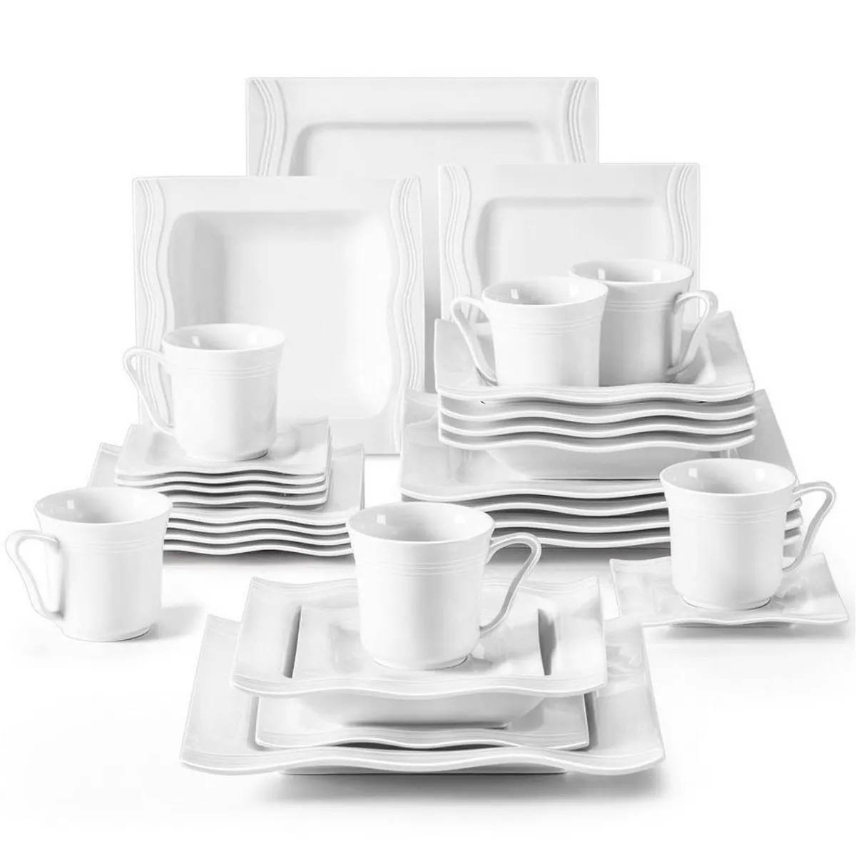 MALACASA MARIO Geschirr-Set, 30-teilig für 6 Personen, modernes Porzellan