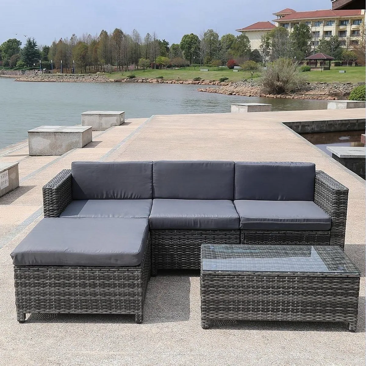 Melko Loungeset, graues Polyrattan, modernes Design — inkl. Tisch, Sofa & Hocker