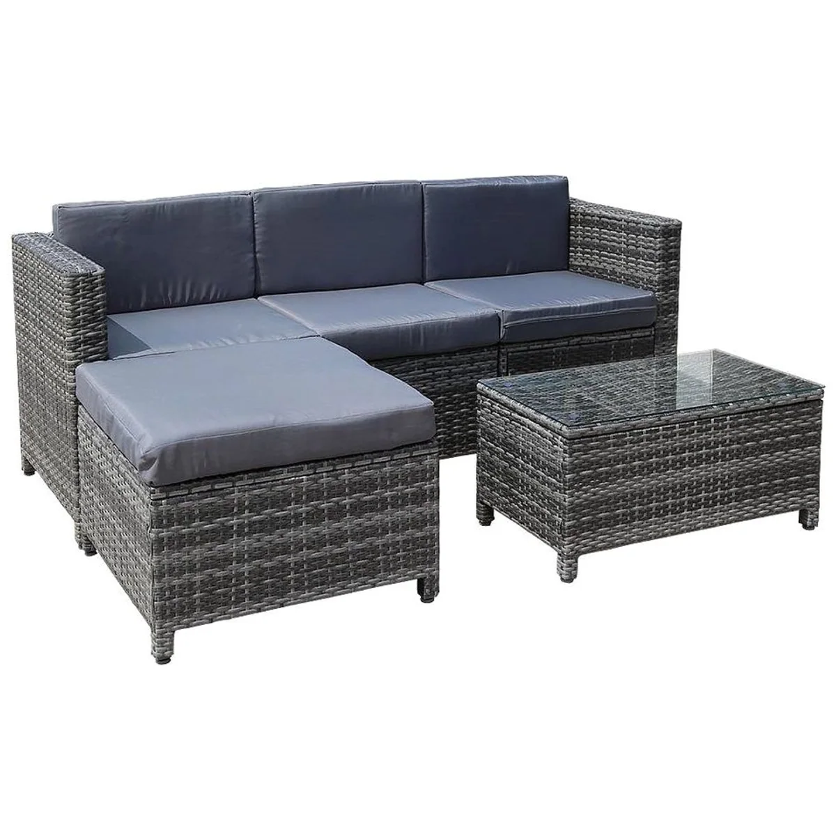 Melko Loungeset, graues Polyrattan, modernes Design — inkl. Tisch, Sofa & Hocker 2