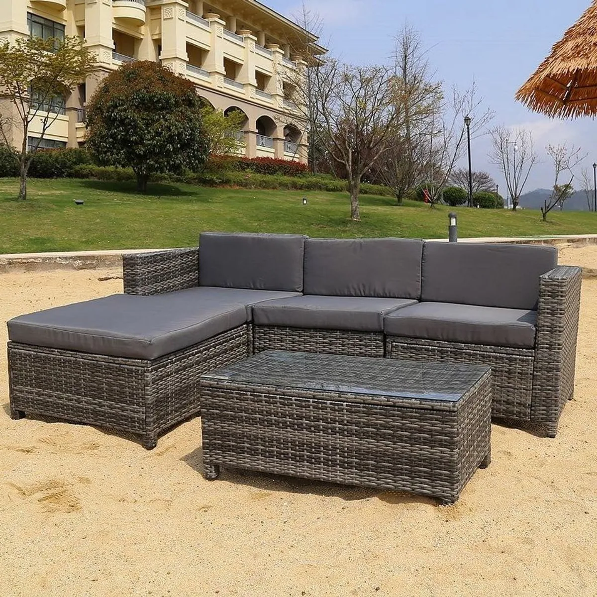 Melko Loungeset, graues Polyrattan, modernes Design — inkl. Tisch, Sofa & Hocker 3
