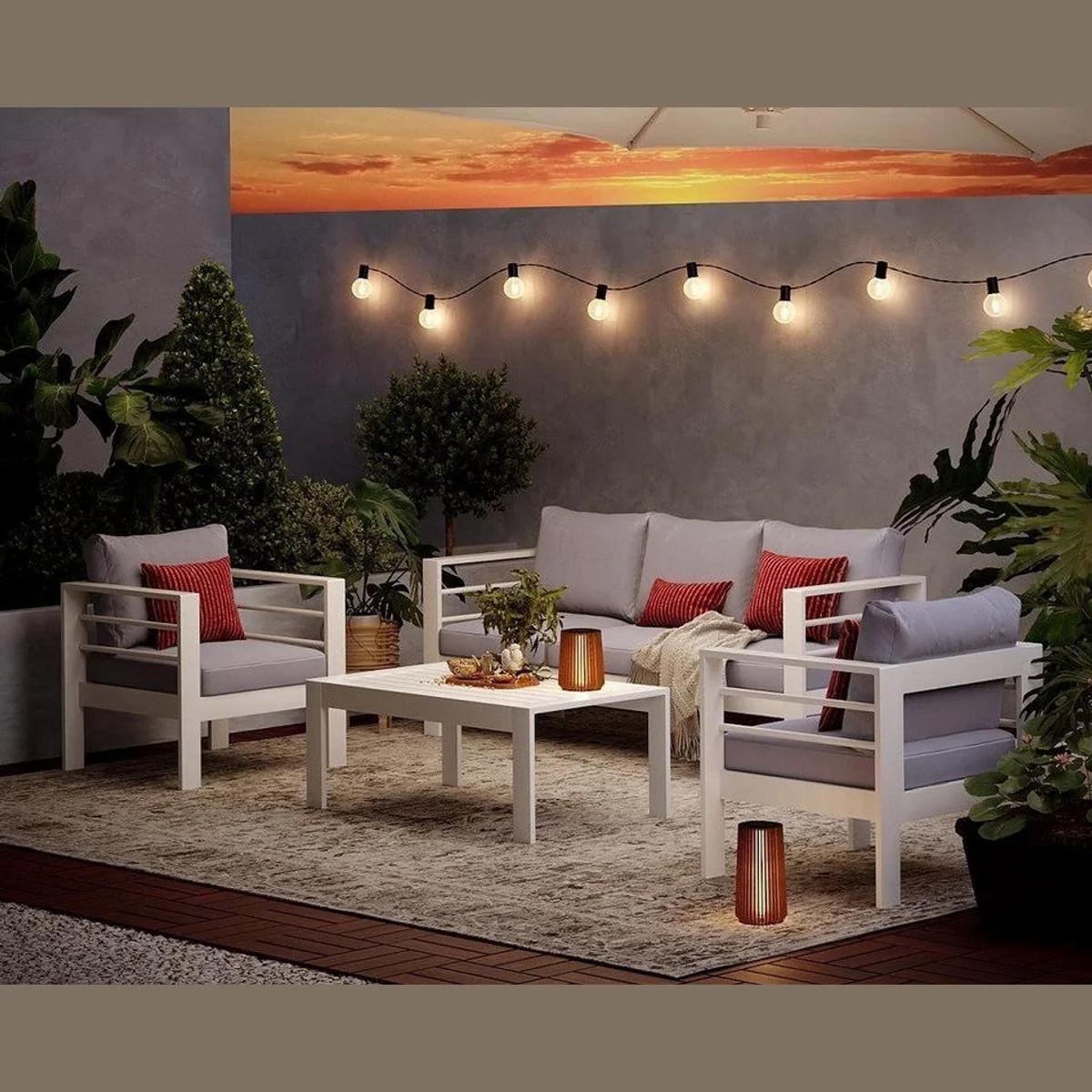 MeXo Gartenlounge-Set, wetterfest, Aluminium, 4-tlg., 12 cm Kissen — ideal für bis zu 5 Personen