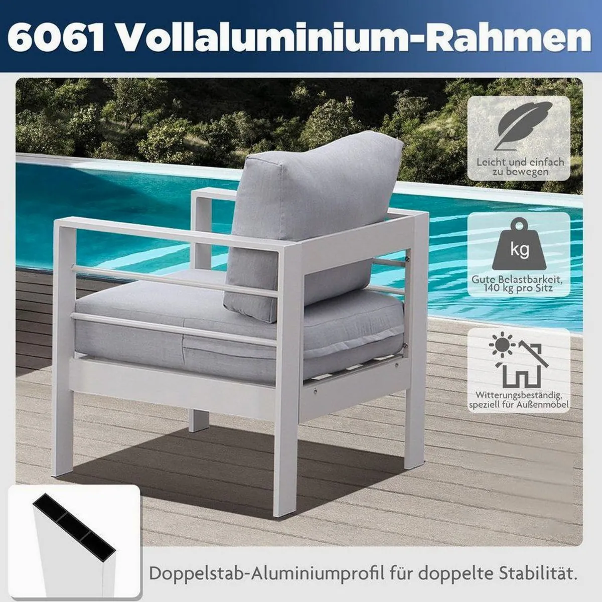 MeXo Gartenlounge-Set, wetterfest, Aluminium, 4-tlg., 12 cm Kissen — ideal für bis zu 5 Personen 3