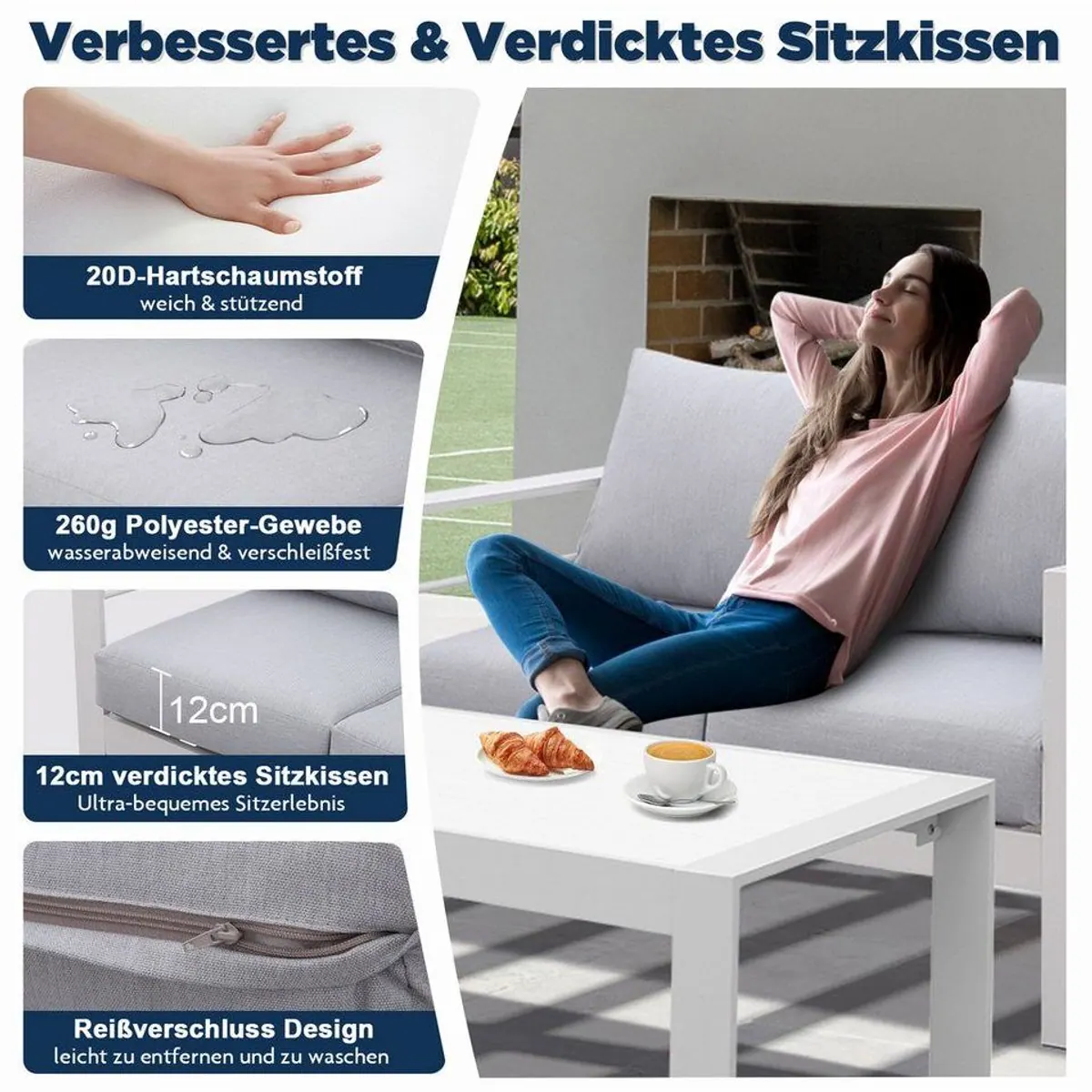 MeXo Gartenlounge-Set, wetterfest, Aluminium, 4-tlg., 12 cm Kissen — ideal für bis zu 5 Personen 5