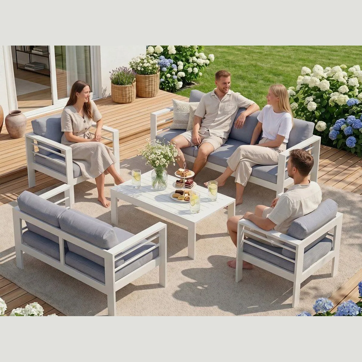 MeXo Gartenlounge-Set Aluminium, wetterfest, für 6-7 Personen, 12cm Sitzkissen 3