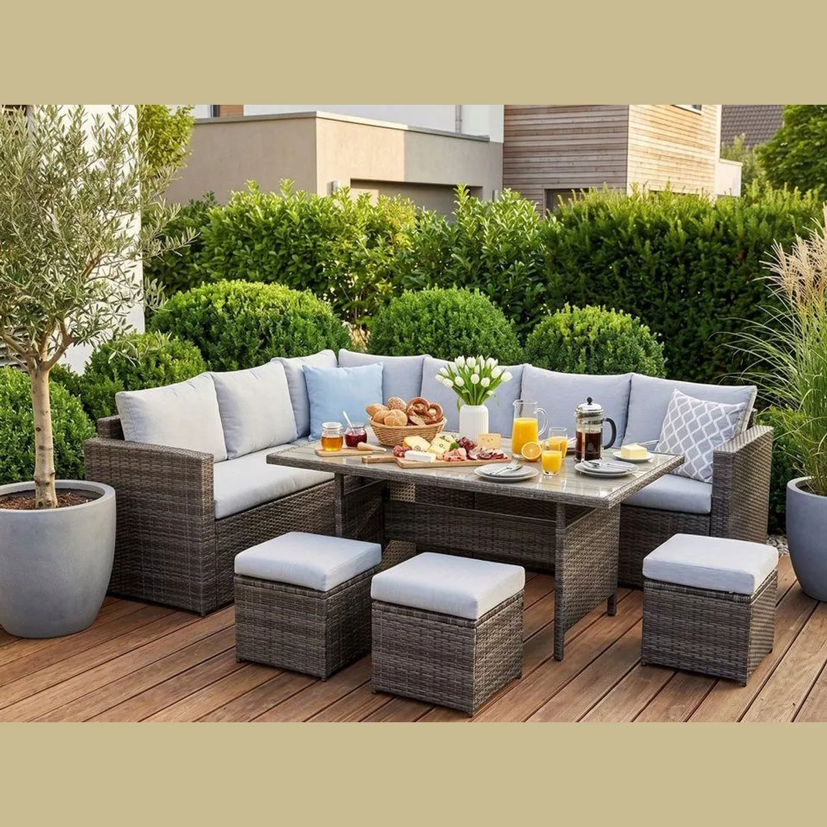 MeXo Gartenlounge Set, 7-teilig, für bis zu 10 Personen, wetterfest, pflegeleichte Materialien