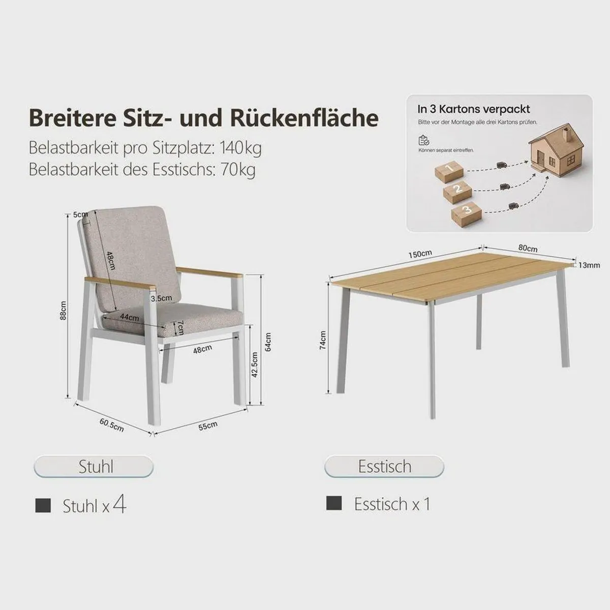 MeXo Gartenlounge-Set Aluminium, wetterfest, 5-teilig mit 4 Stühlen 3