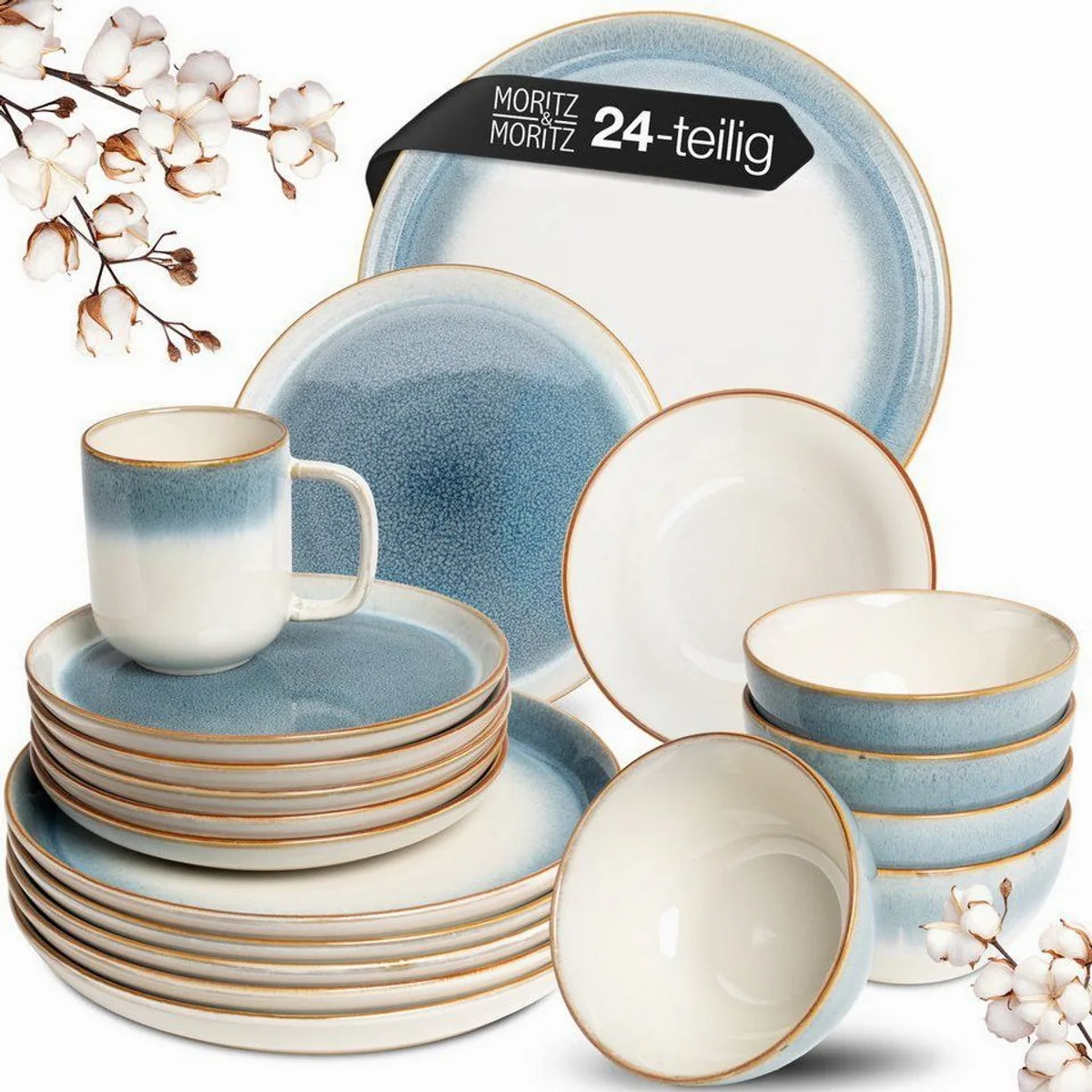 Moritz & Moritz Kombiservice Steingut, 24tlg für 6 Personen, Blau-Weiß mit Vintage-Rand
