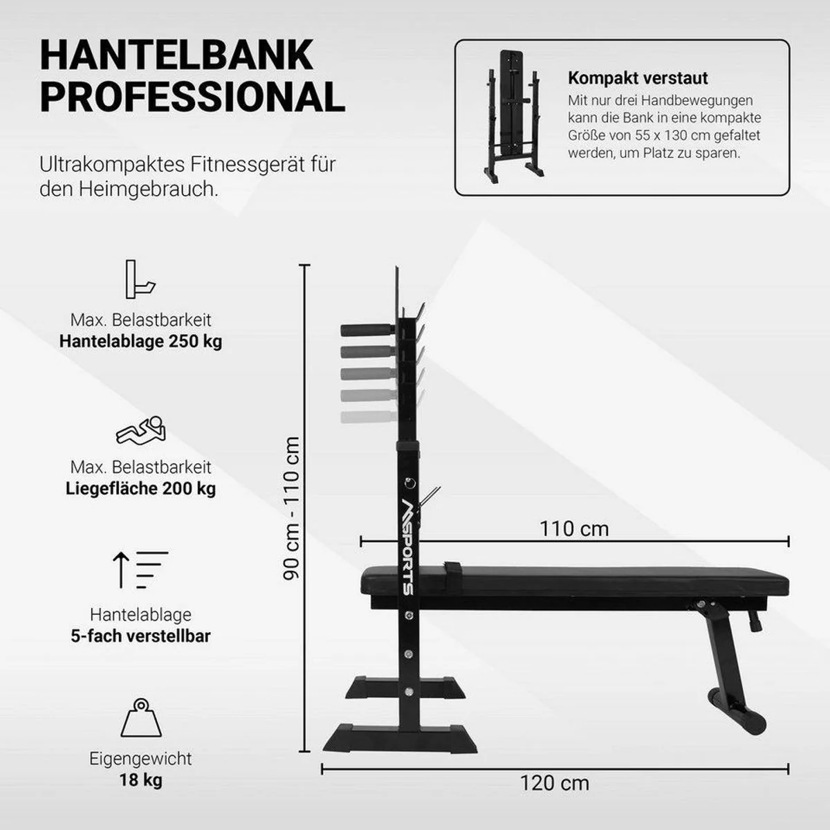 MSports Hantelbank multifunktional, klappbar, bis 200 kg belastbar 5