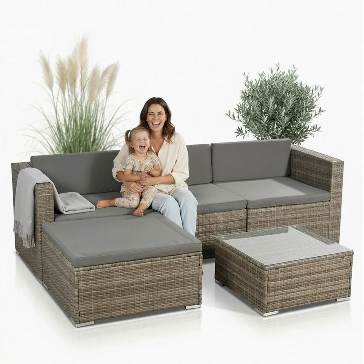 Mucola Gartenlounge-Set Polyrattan 5tlg., modular, wetterfest, inkl. Kissen