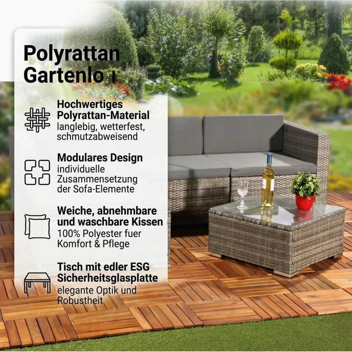 Mucola Gartenlounge-Set Polyrattan 5tlg., modular, wetterfest, inkl. Kissen 2