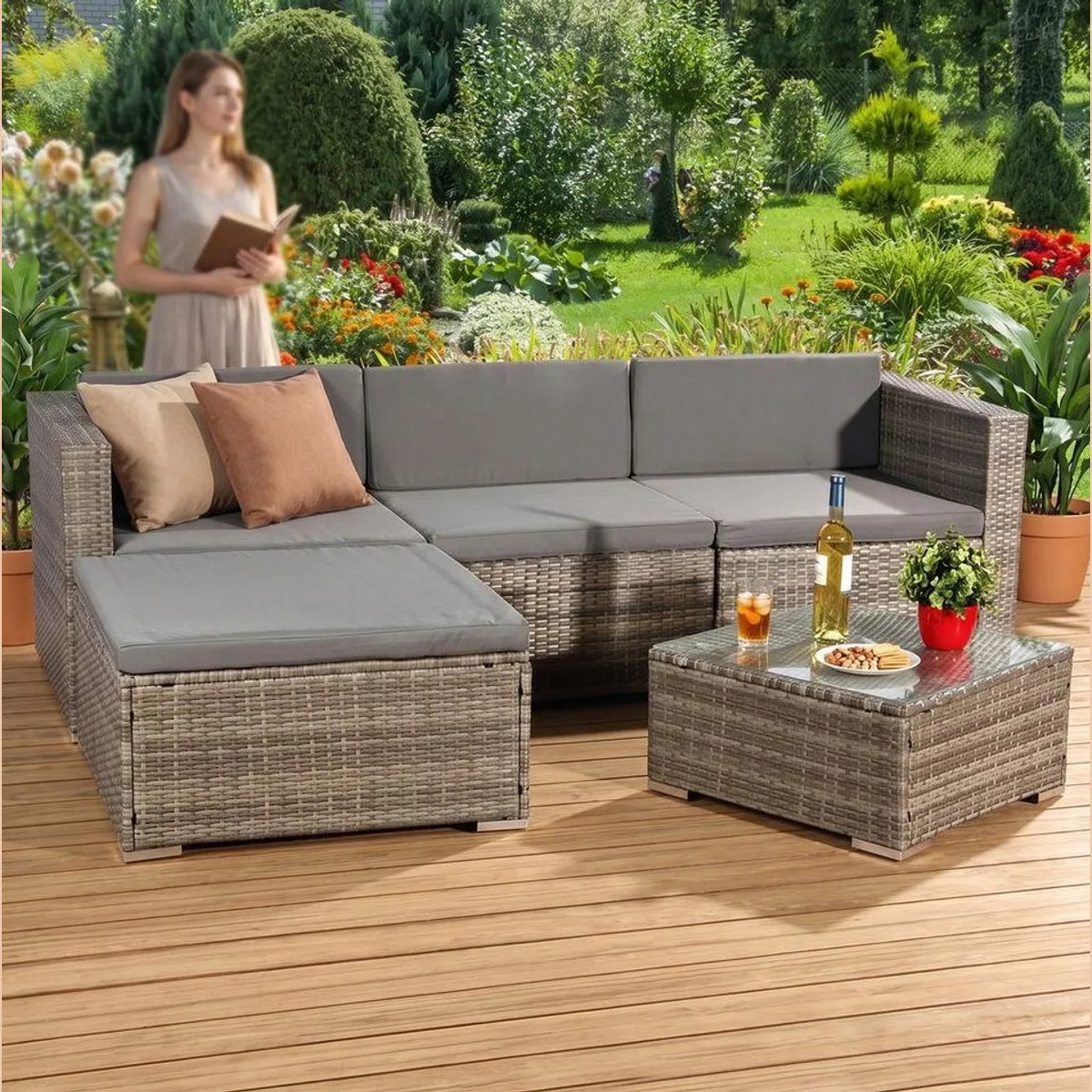 Mucola Gartenlounge-Set Polyrattan 5tlg., modular, wetterfest, inkl. Kissen 4