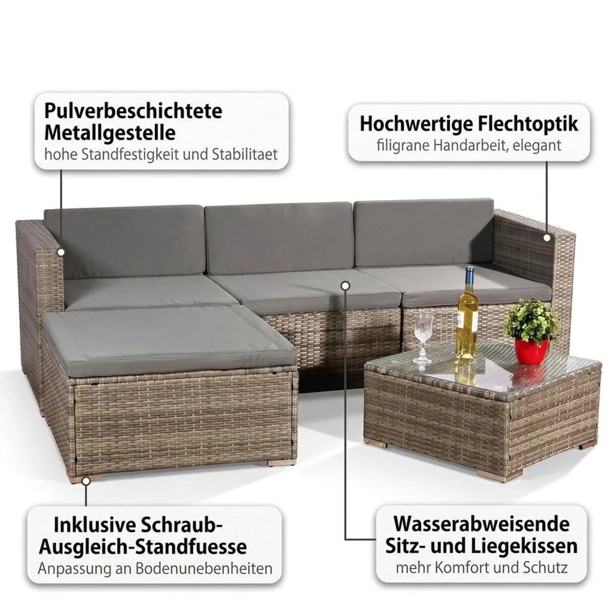 Mucola Gartenlounge-Set Polyrattan 5tlg., modular, wetterfest, inkl. Kissen 5