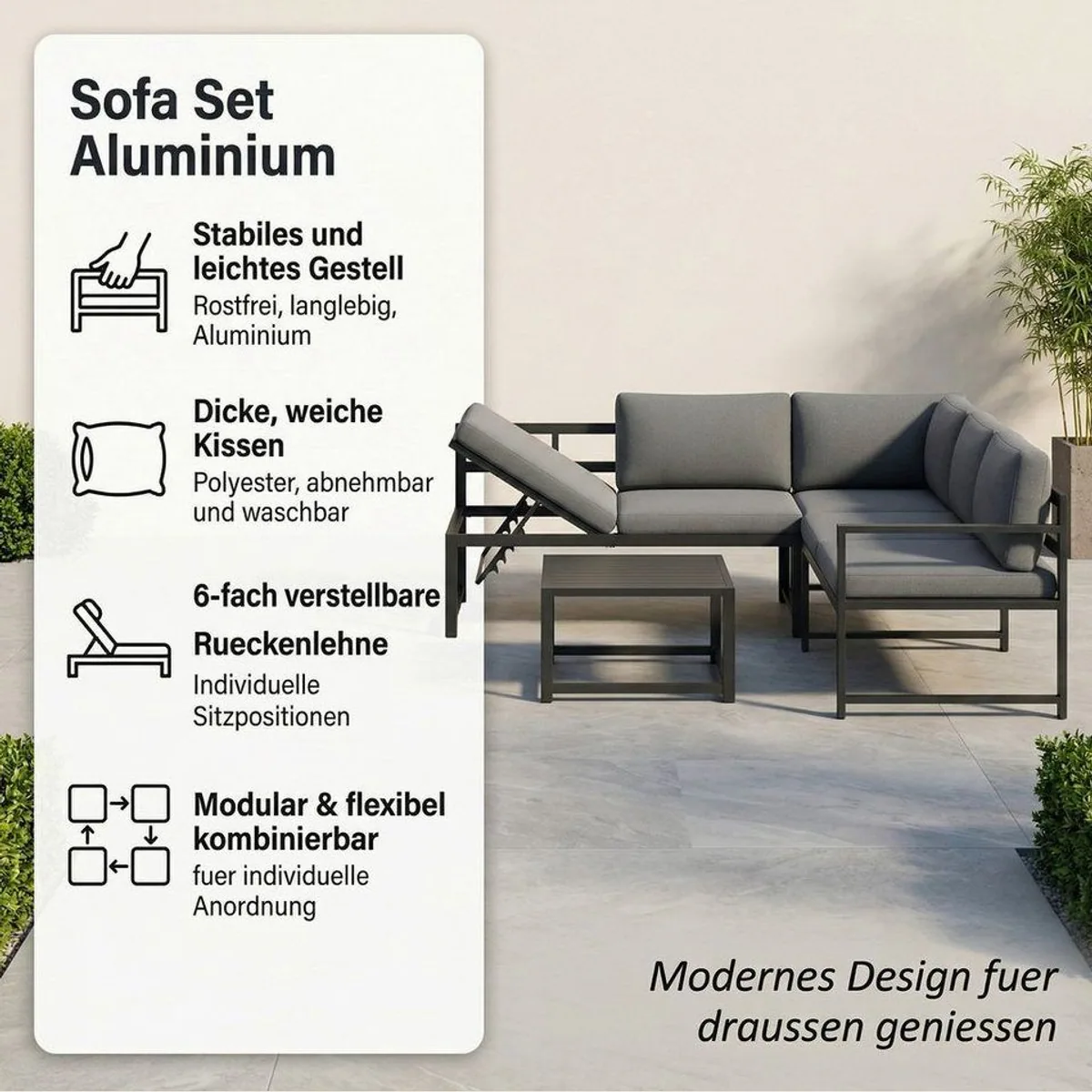 Mucola Gartenlounge-Set, Ecksofa mit Liegefunktion & Loungetisch, wetterfest 2