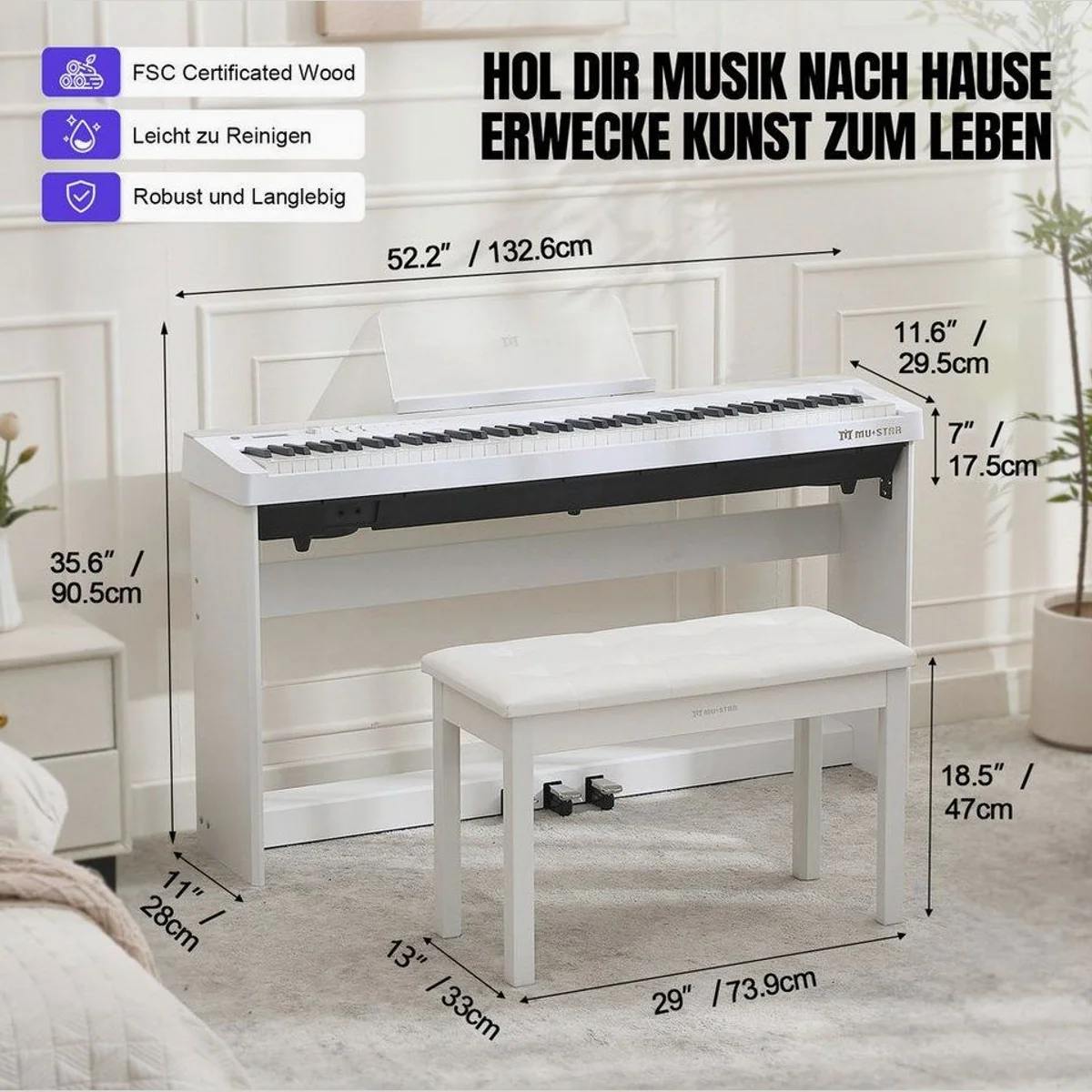 MUSTAR Digitalpiano, 88 Tasten, Hammermechanik, 3 Pedale & USB/MIDI 2