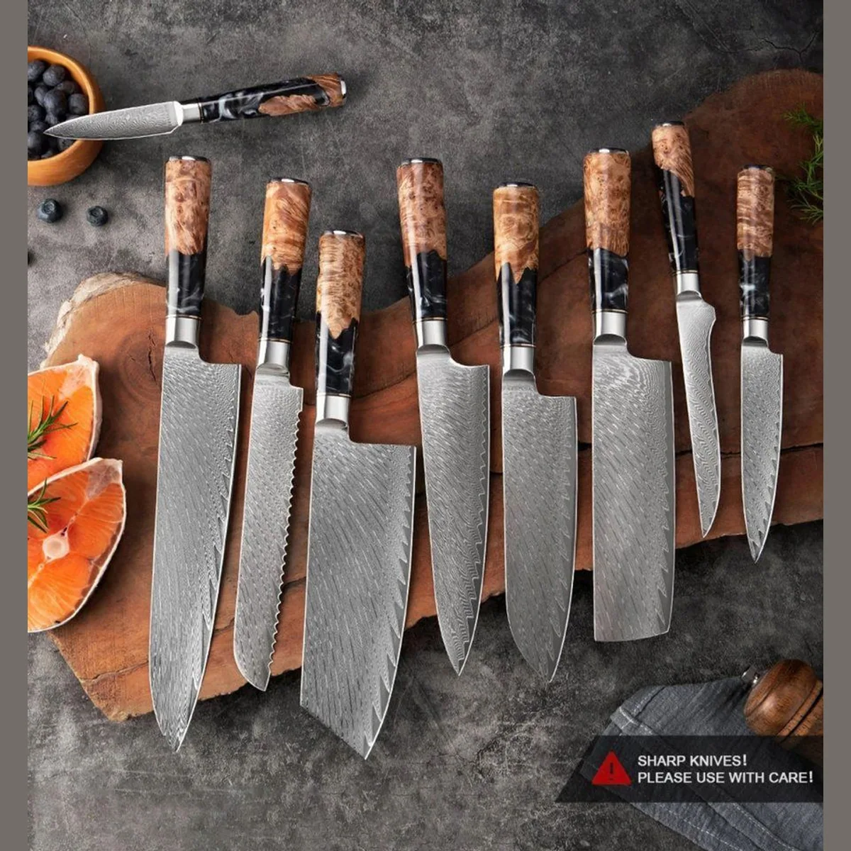 Muxel Damast Küchenmesser Set 9-tlg, extrem scharf, einzigartiges Design, langlebig