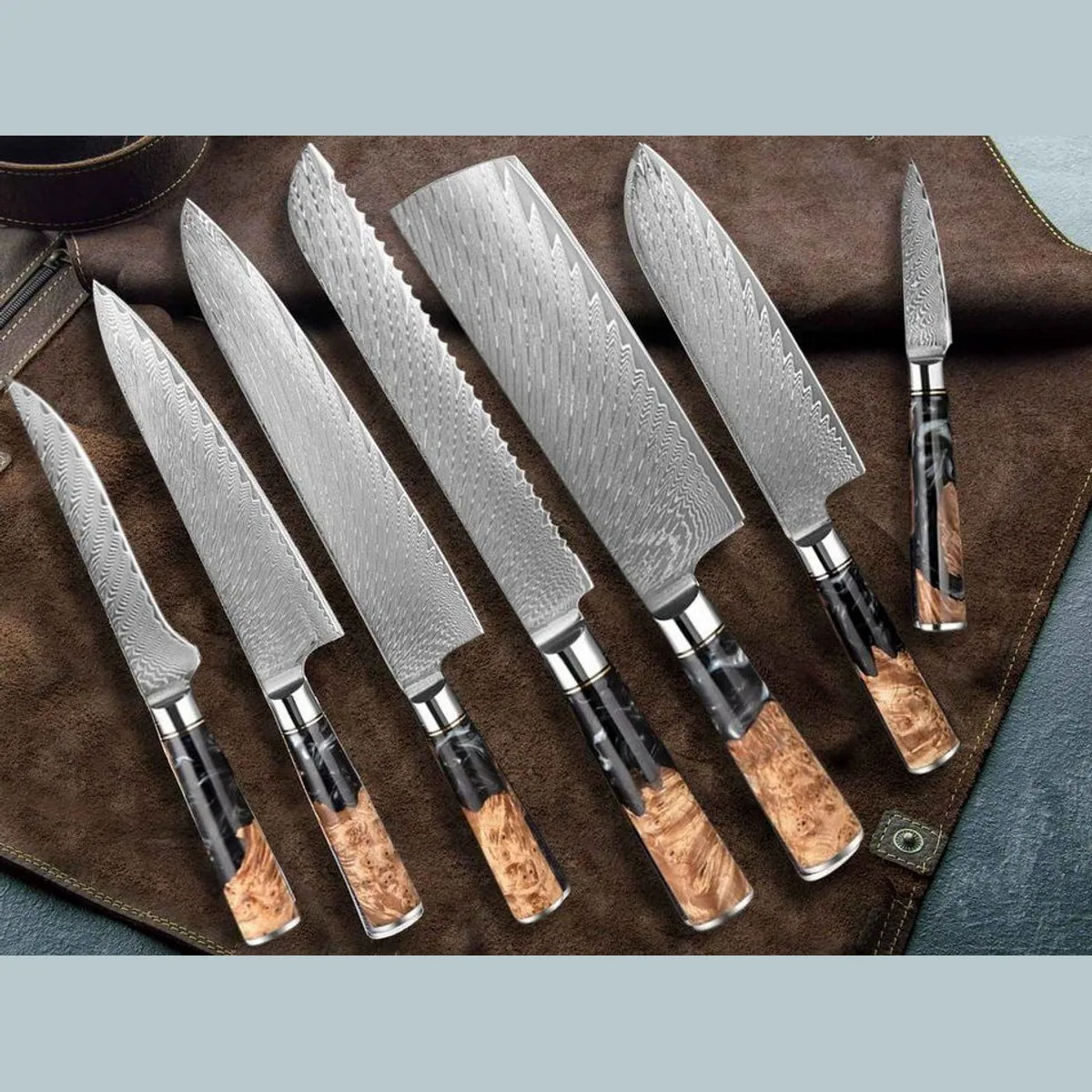 Muxel Damast Küchenmesser Set 7-tlg, scharfe Klingen, einzigartiger Farbholzgriff