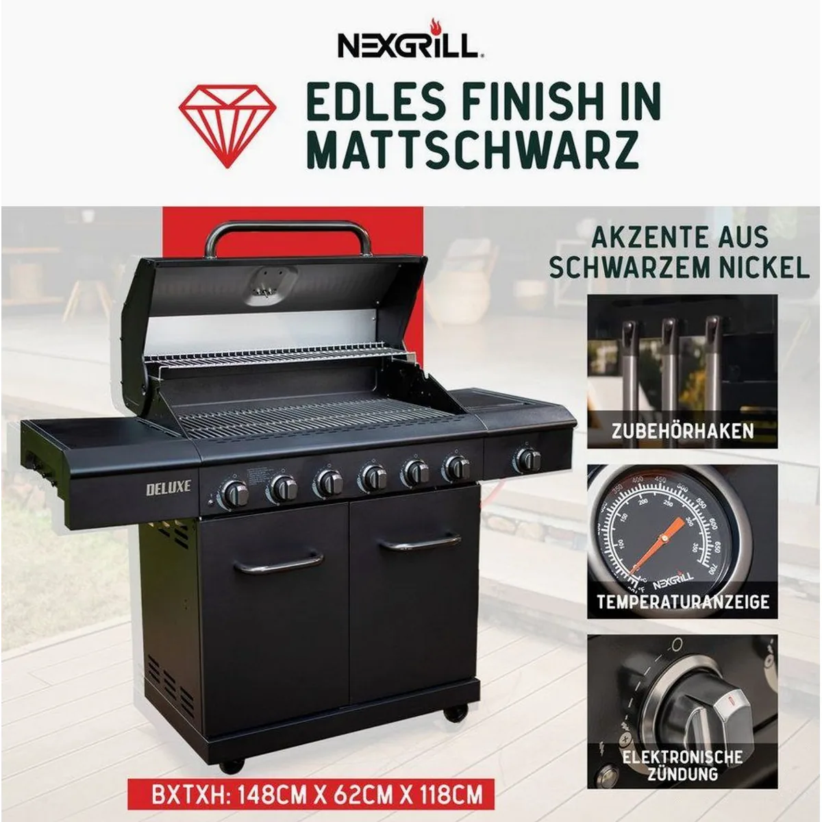 nexgrill Gasgrill 6B Deluxe, 6 Edelstahlbrenner, Seitenkochfeld, matt Schwarz 3