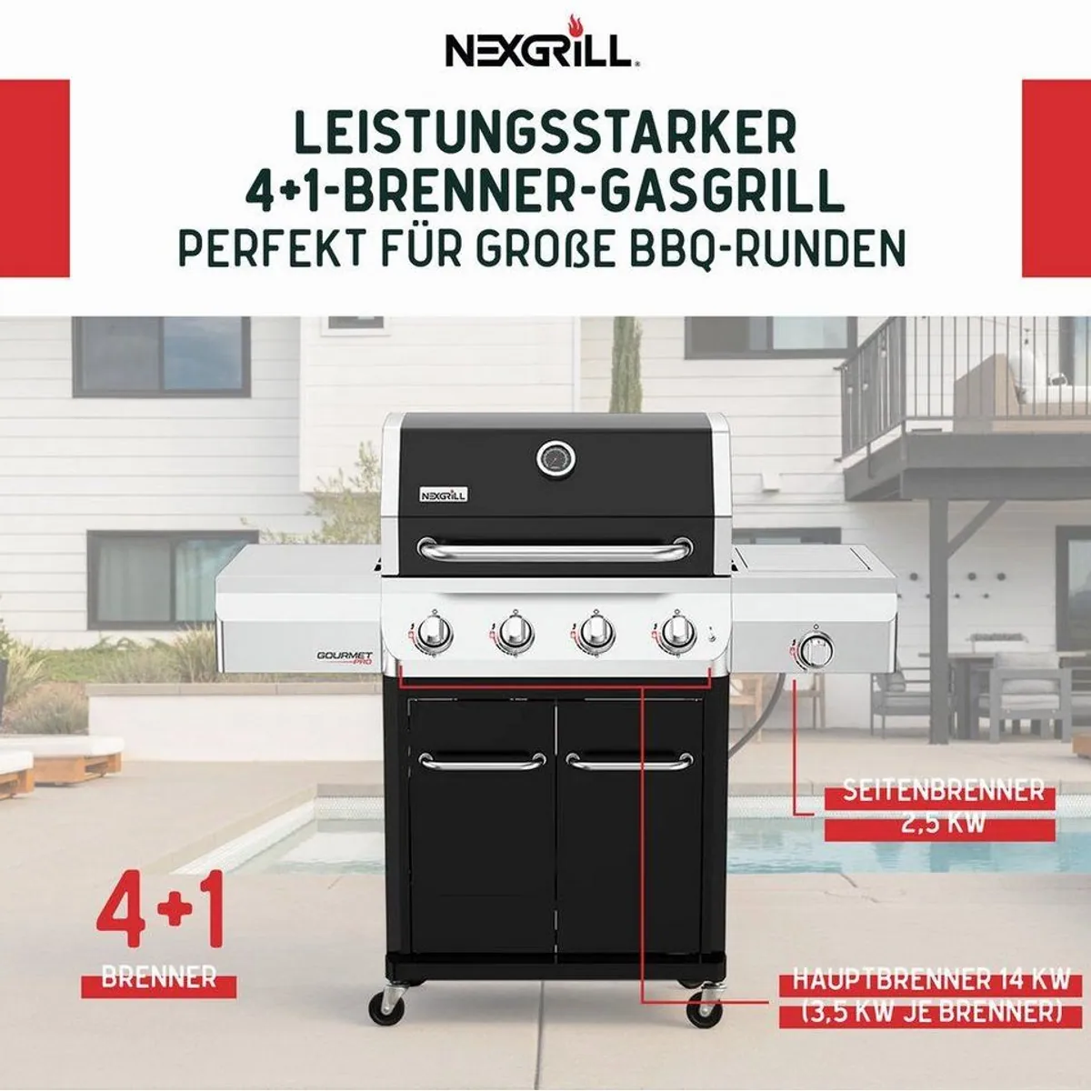 nexgrill Gourmet Pro 4-Brenner Gasgrill, 16,5 kW, Gusseisenroste, integriertes Thermometer 2