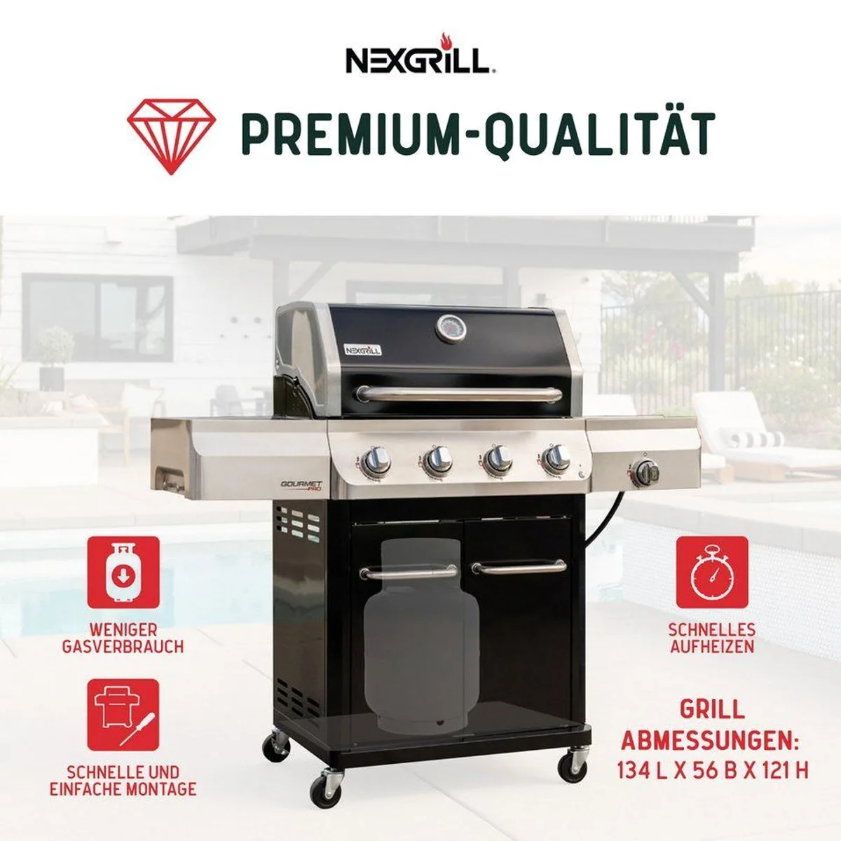 nexgrill Gourmet Pro 4-Brenner Gasgrill, 16,5 kW, Gusseisenroste, integriertes Thermometer 3