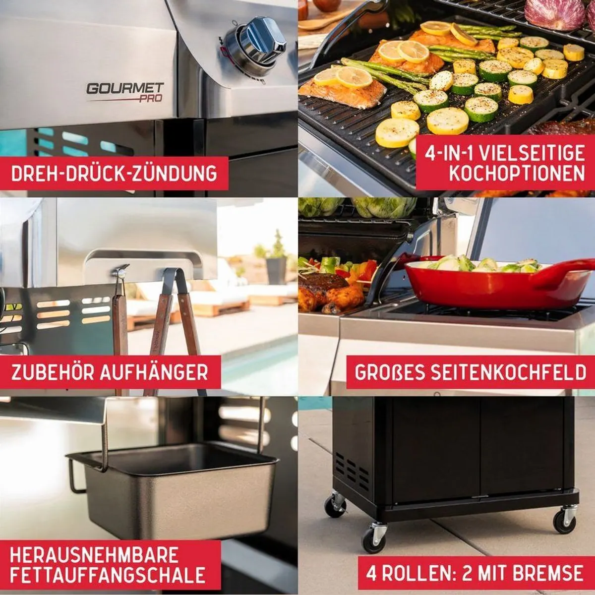 nexgrill Gourmet Pro 4-Brenner Gasgrill, 16,5 kW, Gusseisenroste, integriertes Thermometer 4