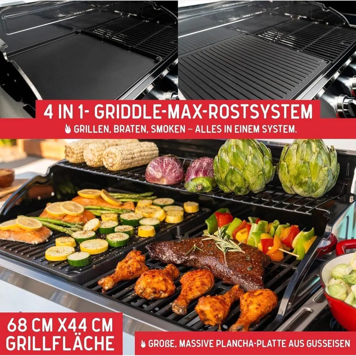 nexgrill Gourmet Pro 4-Brenner Gasgrill, 16,5 kW, Gusseisenroste, integriertes Thermometer 5