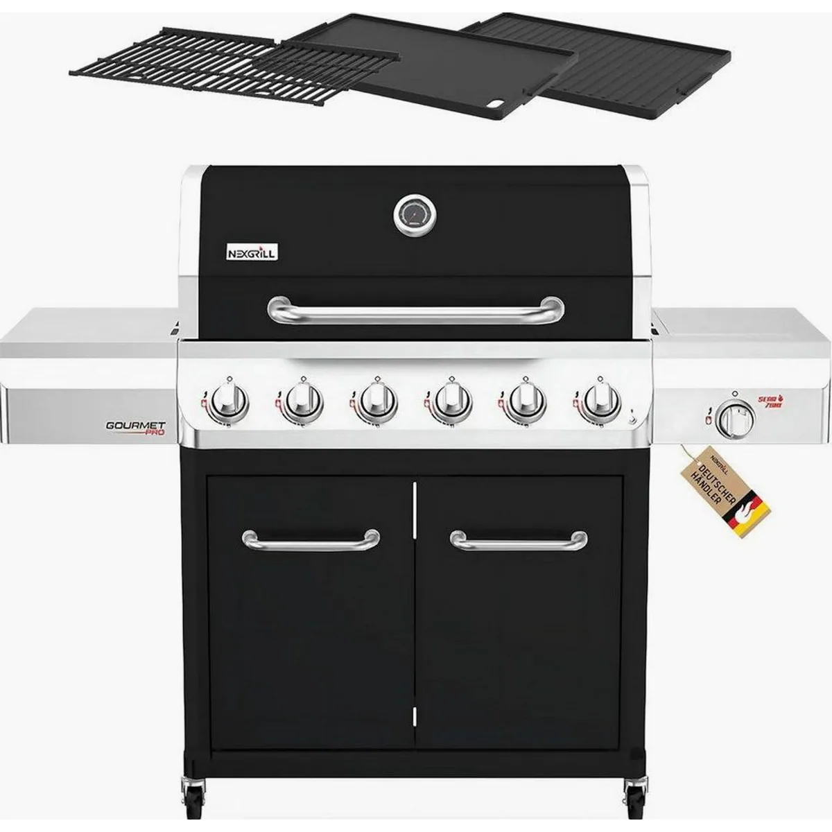 nexgrill Gourmet Pro Gasgrill 6B, 22 kW, Keramik-Seitenbrenner, Gusseisen Plancha