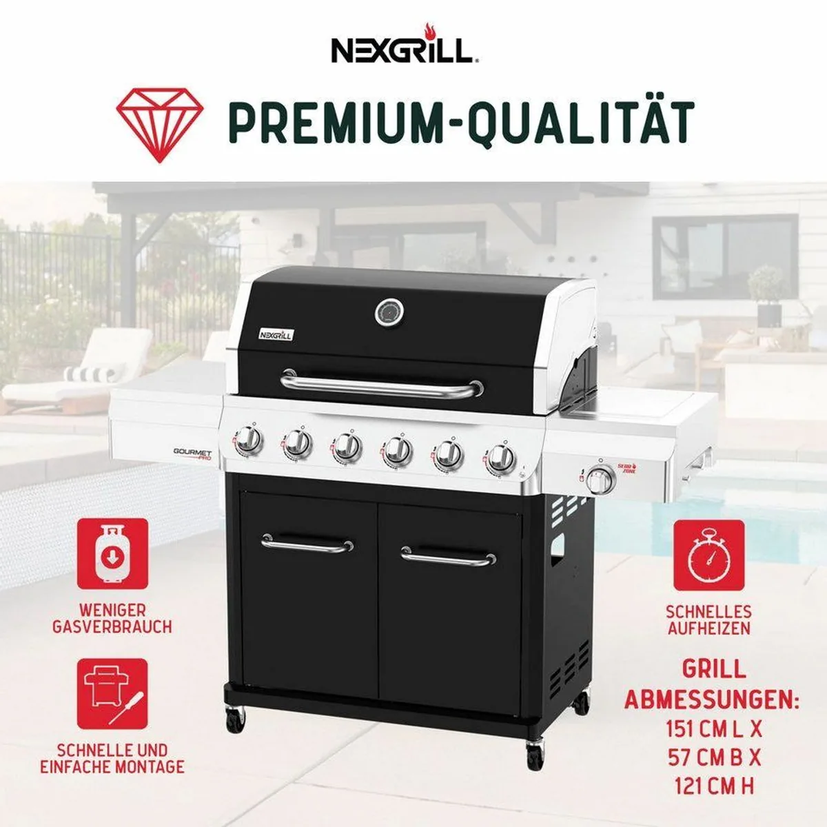 nexgrill Gourmet Pro Gasgrill 6B, 22 kW, Keramik-Seitenbrenner, Gusseisen Plancha 2