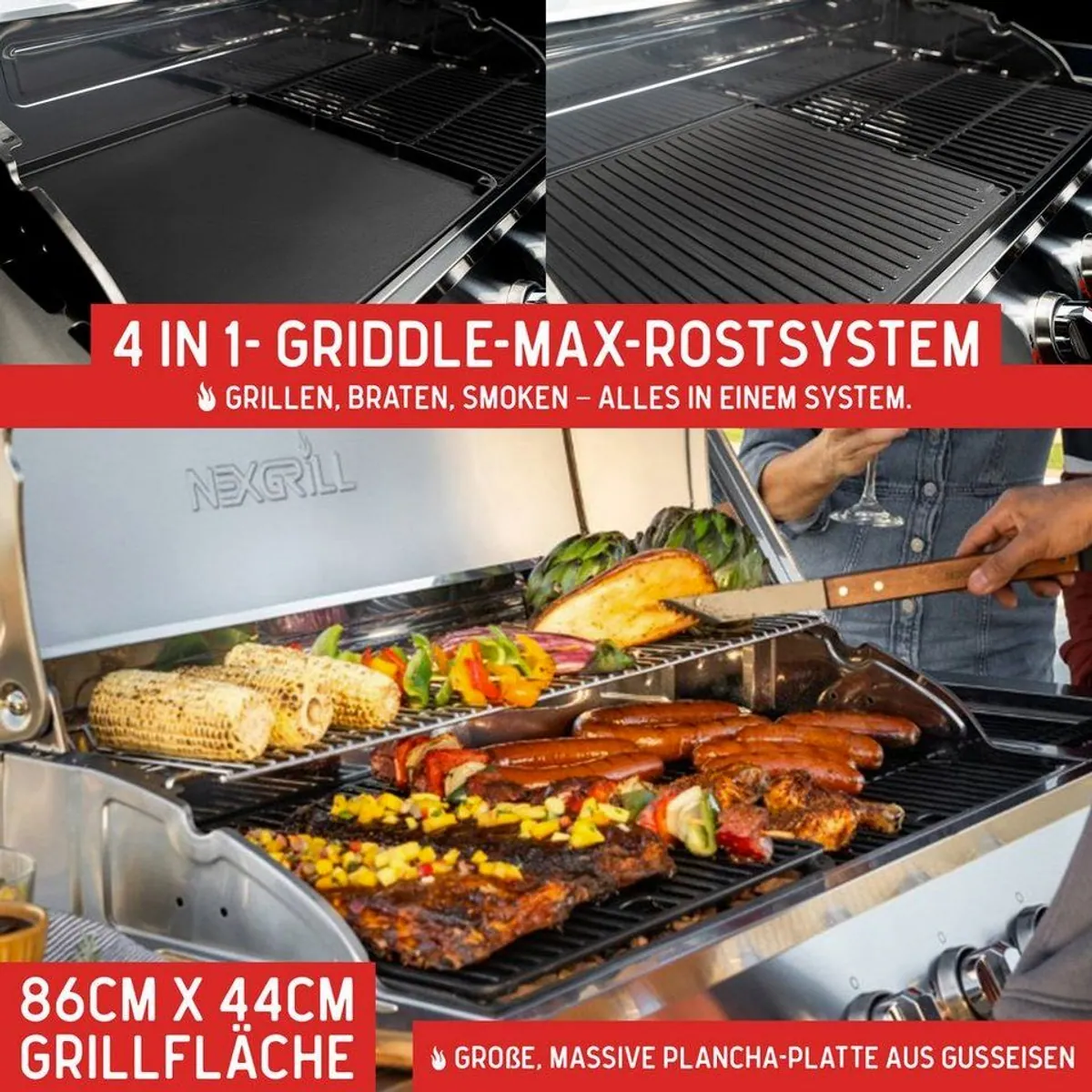 nexgrill Gourmet Pro Gasgrill 6B, 22 kW, Keramik-Seitenbrenner, Gusseisen Plancha 3