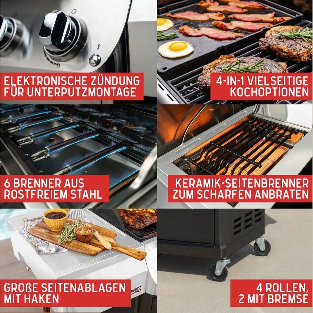 nexgrill Gourmet Pro Gasgrill 6B, 22 kW, Keramik-Seitenbrenner, Gusseisen Plancha 4