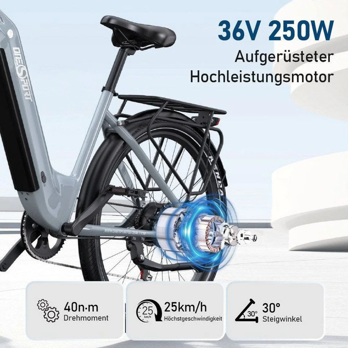 Onesport E-Bike Cityrad, 120 km Reichweite, 7-Gang Shimano — 250 W Heckmotor, hydraulische Bremsen, Smartphone-Steuerung 3