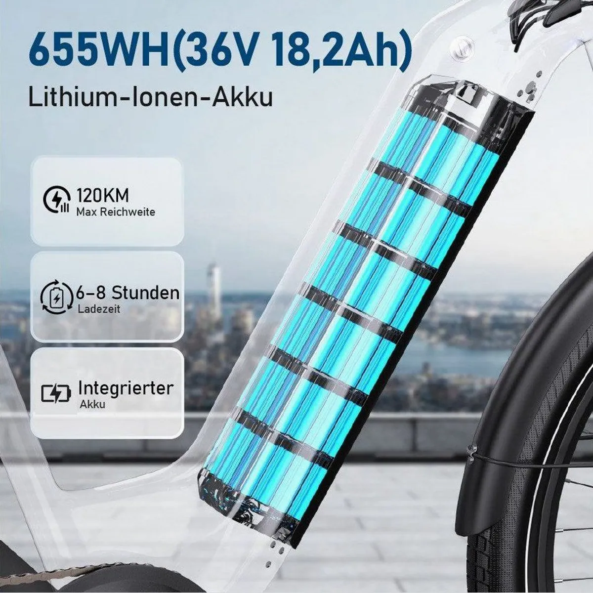 Onesport E-Bike Cityrad, 120 km Reichweite, 7-Gang Shimano — 250 W Heckmotor, hydraulische Bremsen, Smartphone-Steuerung 5