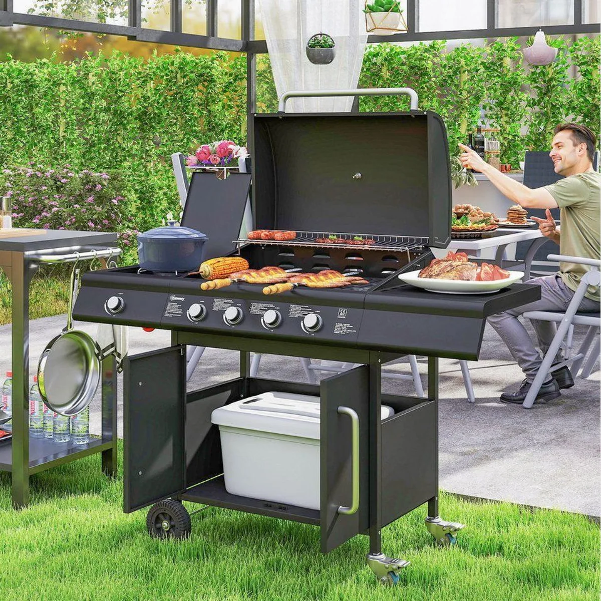 Outsunny Gasgrill mit 5 Brennern, 2394 cm² Grillfläche, integriertes Thermometer