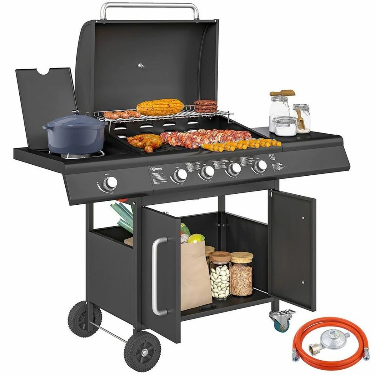 Outsunny Gasgrill mit 5 Brennern, 2394 cm² Grillfläche, integriertes Thermometer 2